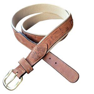 Vtg Zep-Pro Embossed Leather Belt With Angler Scene & Fish Embroidery Brown/Tan